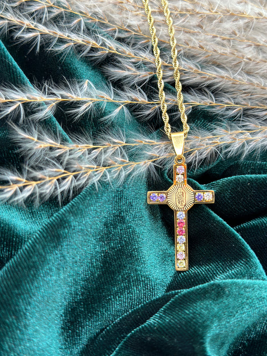 Colorful Crystal Virgen Cross Necklace