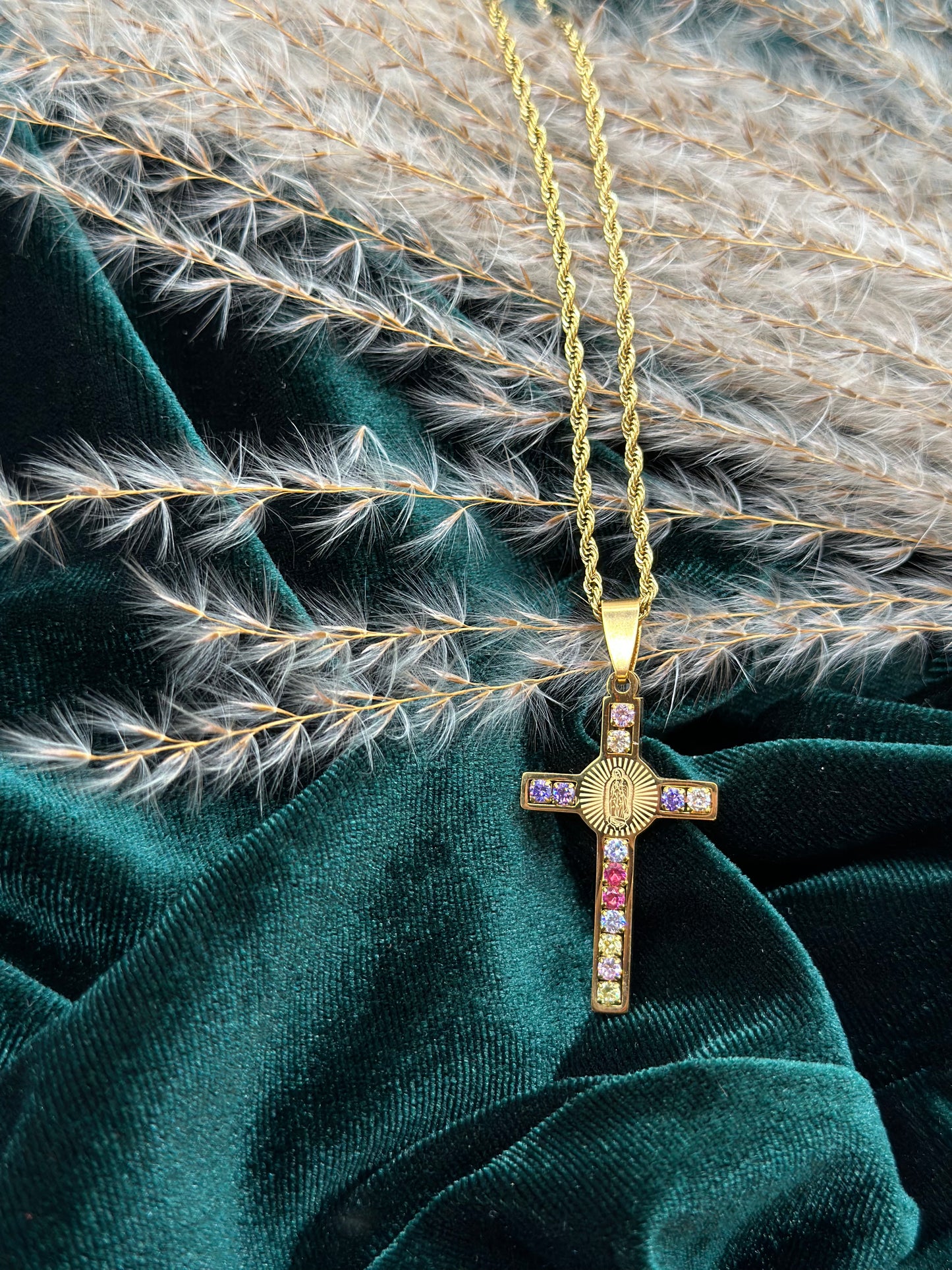 Colorful Crystal Virgen Cross Necklace